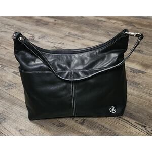 Lauren Ralph Lauren Vintage Shoulder Bag Purse Black Leather White Stitching Y